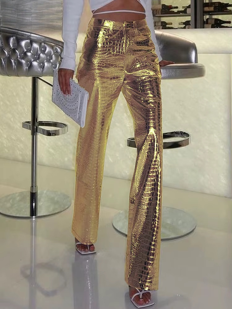 Gold Sliver Straight Wide Leg Pants For Women 2025 Fashion Streetwear High Waist Scale Leather Party Club Trousers
