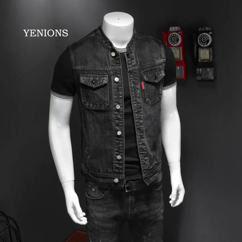 Retro Jean Jacket Mens Denim Vest Coats Slim Black Stand Collar Sleeveless Motorcycle Style Waistcoat Coat Cowboy 250206