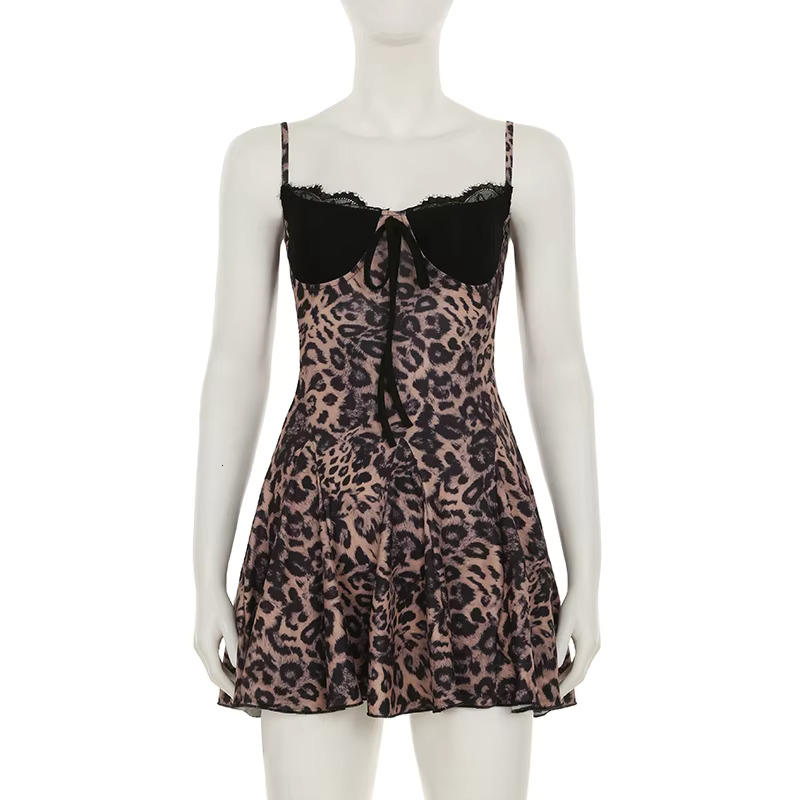 Tuularose Leopard Short Women's Sexy Spaghetti Straps Sleeveless Backless Y2k Party High Street Lace Up Dress