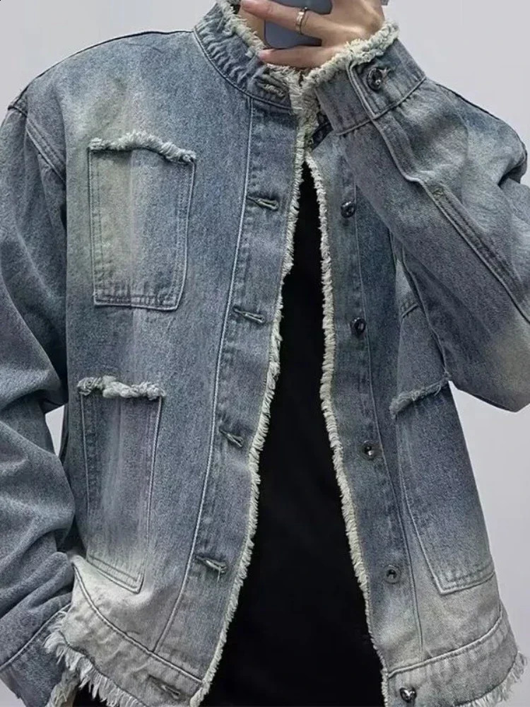 Jeans Coat for Men Wide Sleeves Stand Collar Blue Denim Jackets Man One Piece Large Size Washed Lxury Cowboy Clothing G 250206