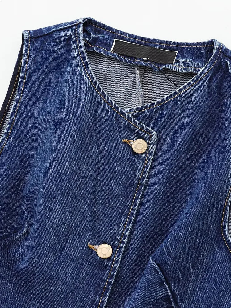 Autumn and Winter Arrivals Casual All-match Round Neck Sleeveless Blue Slim Waist Denim Vest 250206