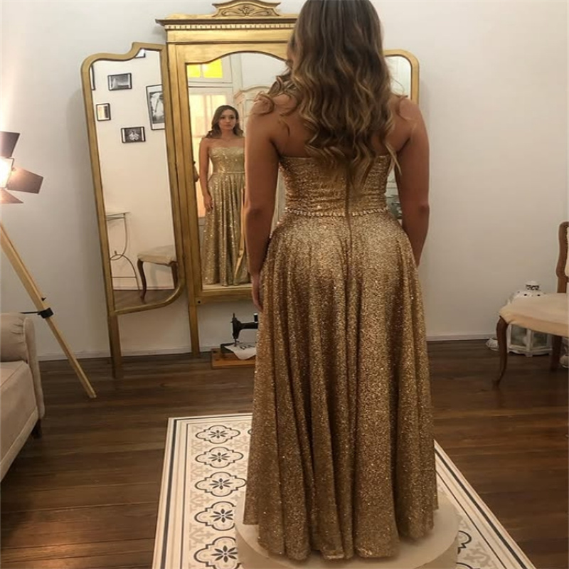 Luxury Gold Sequin Prom Dress With Slit Sexy Strapless Floor Length Eevning Dress Sparkly Dance Formal Party Birthday Vestio De Fiesta 2025 Glitter Ro