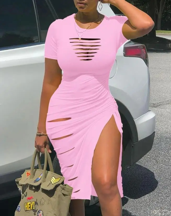 Sexy Summer Dresses for Women Short Sleeve O-Neck Candy Ladder Cutout Drawstring Ruched High Slit Hollow Out Skinny Dress 250206