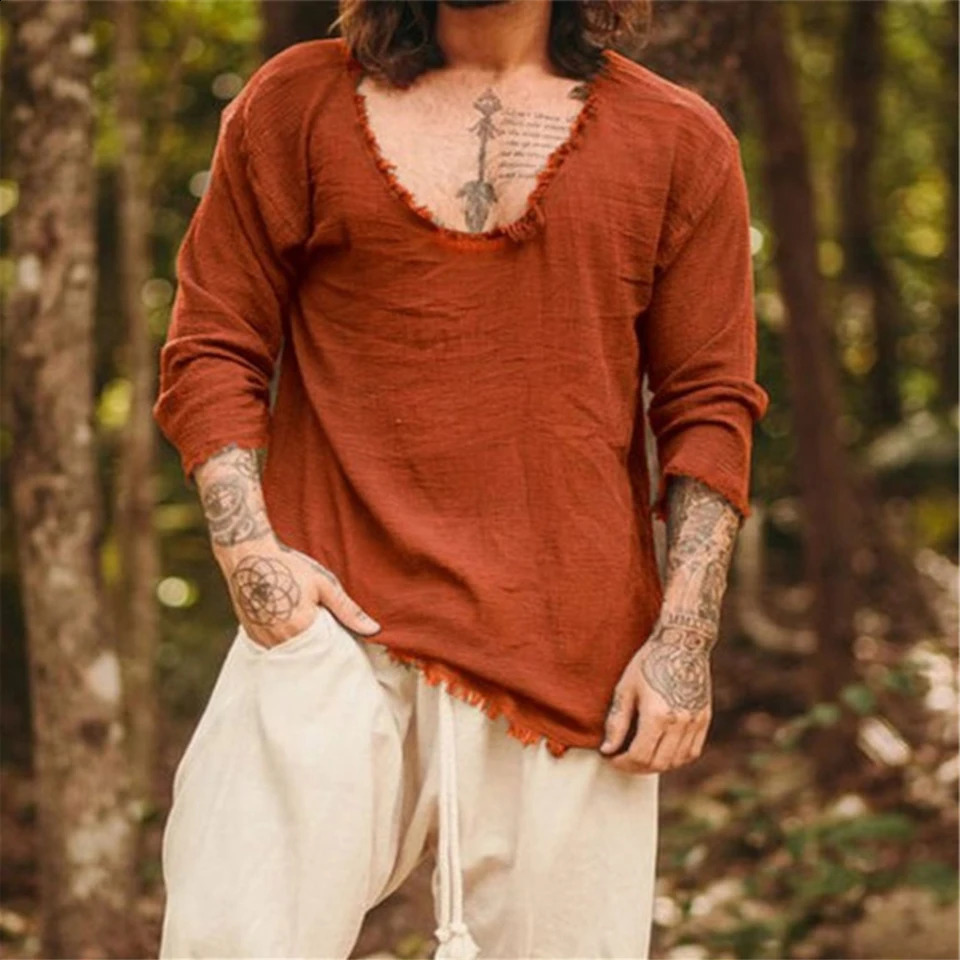 T-Shirt Mens Shirt Blouse Top Classic Daily Linen Blend Long Sleeve Male Muscle Office Outdoor Solid Tee V-Neck 250116