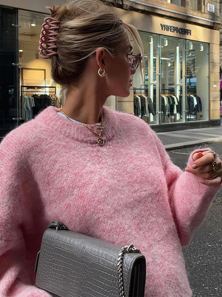 Oversize Mohair Knitted Long Sleeved Pullover Women Grey Round Neck Loose Sweater Tops 2024 Autumn High Street Jumpers 250121