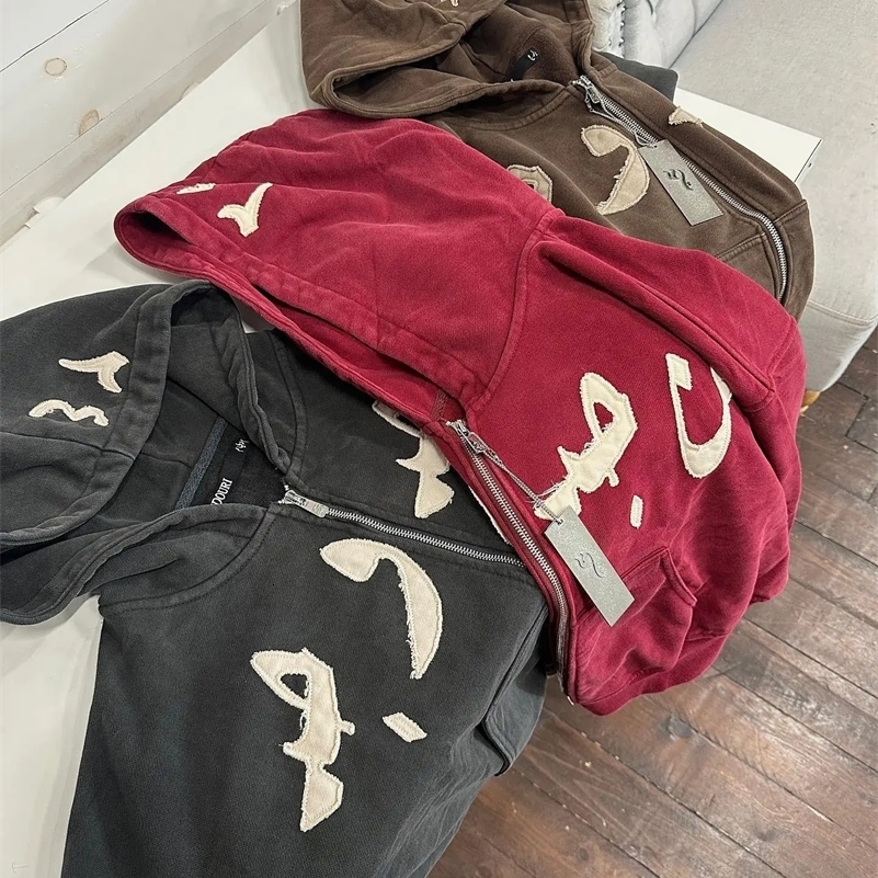 American Retro Personalized Patch Embroidery Oversize Double Zipper Hoodie Mens Y2K Harajuku Hip Hop Goth Casual Joker Top 250102
