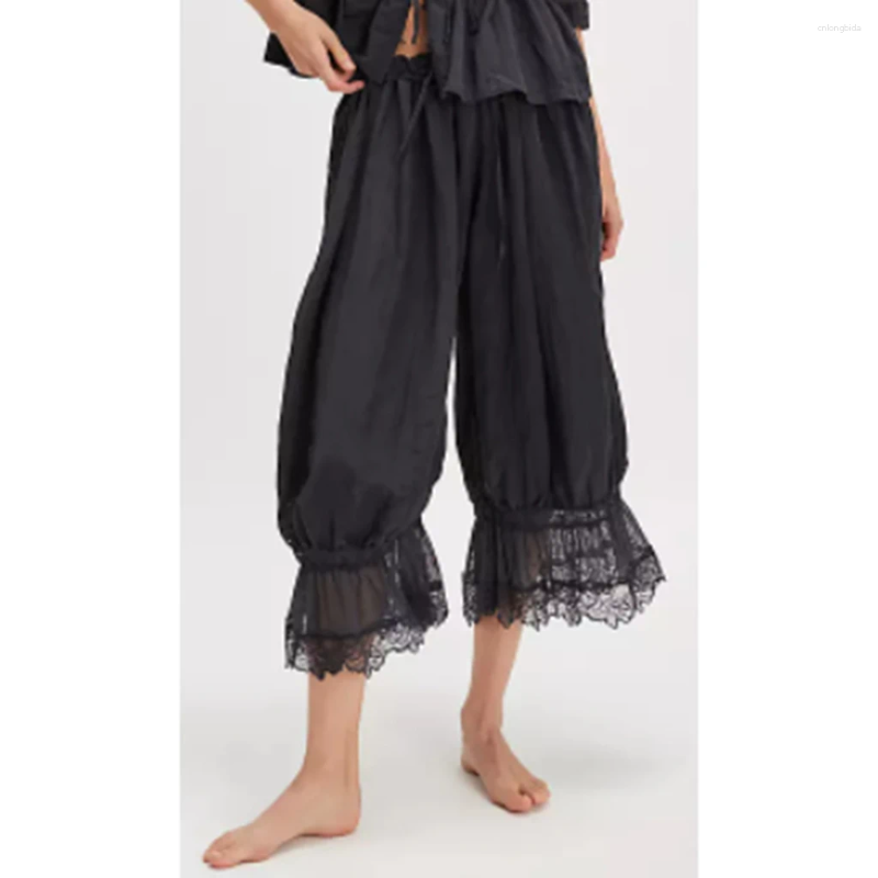 Womens Pants Combhasaki Y2K Loose Fit Bloomers Cropped Drawstring High Waist Floral Lace Patchwork Calf-Length Lantern Trousers