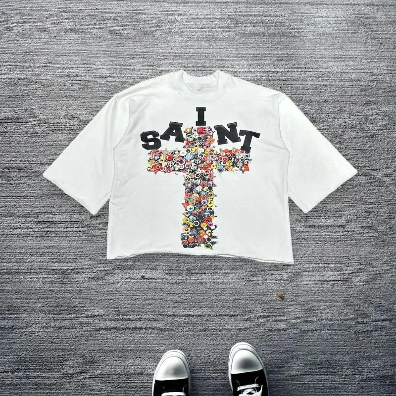 Gothic Retro Brown Seven Quarter Sleeves Tops Y2K Clothing Men Women Harajuku Hip Hop Cross Graphic Print Oversized T Shirt 250206