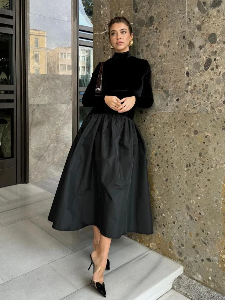 Women Classic Black High Neck Velvet Splicing Dress Fashion Full Sleeve A-line Long Dresses 2025 Lady Highstreet Slim Robes 250122
