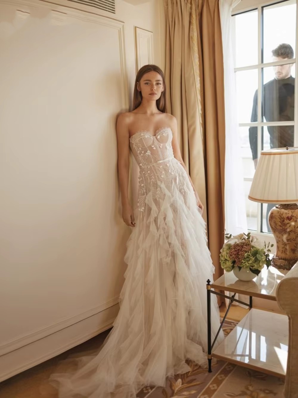 Bridal Dress Appliques Ruffles Sweetheart Neck Sleeveless Wedding Gown Sweep Train - Customize Your 2024 Look