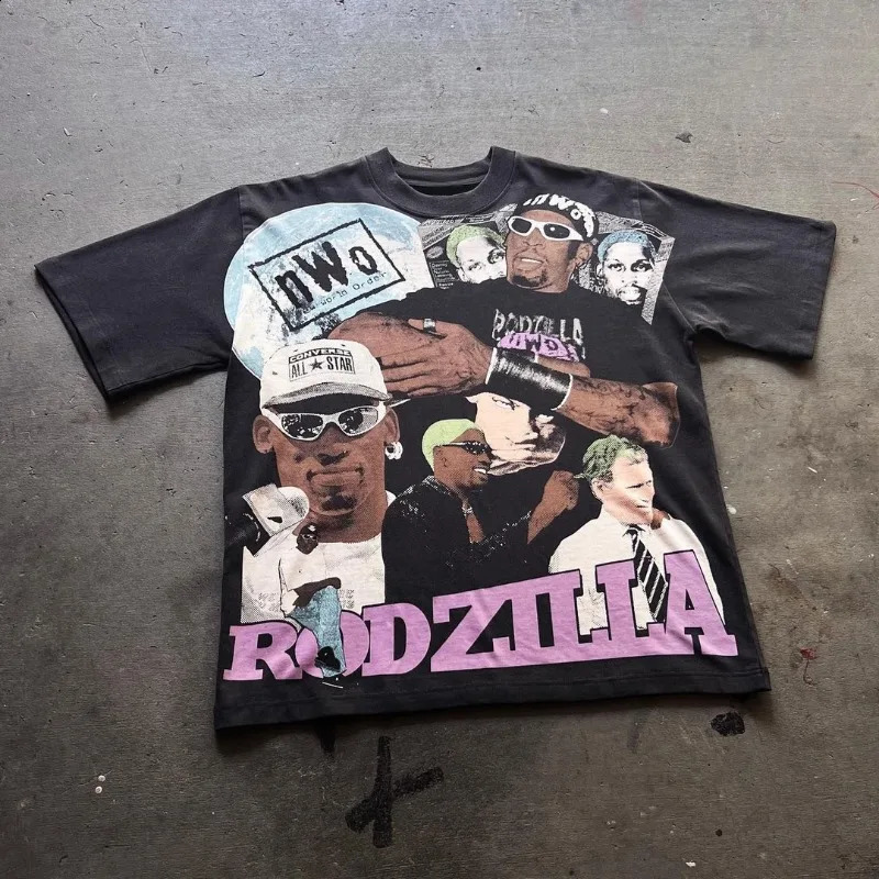 Y2k Streetwear Fashion Letter Portrait Print Oversized T-Shirt Mens Retro Trendy Gothic Loose Harajuku Short Sleeve Top Women 250206