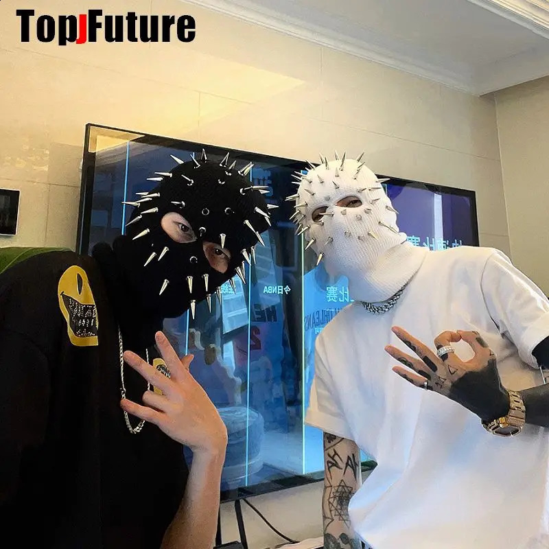 Rivet full face mask winter thermal mask skiing sports Balaclava mask Y2K knitted Beanies punk hip-hop pointed hat motorcycle helmet 250109