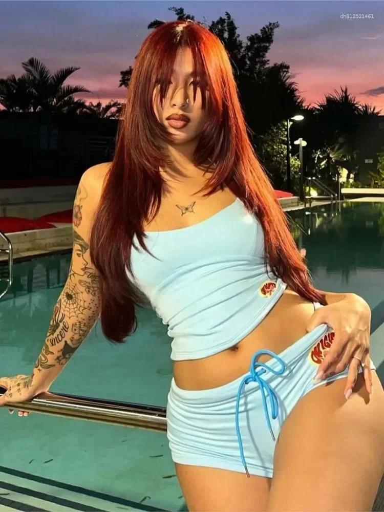 Women's Tracksuits Sexy Girl Slim Short Two Piece Set Women Trendy Beach Halter Neck Cropped Vest Shorts 2 Sets Y2k Streetwear Beachwear