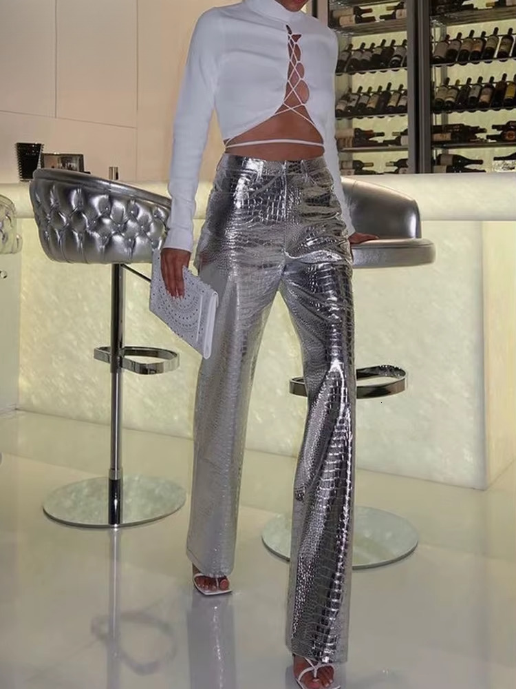 Gold Sliver Straight Wide Leg Pants For Women 2025 Fashion Streetwear High Waist Scale Leather Party Club Trousers