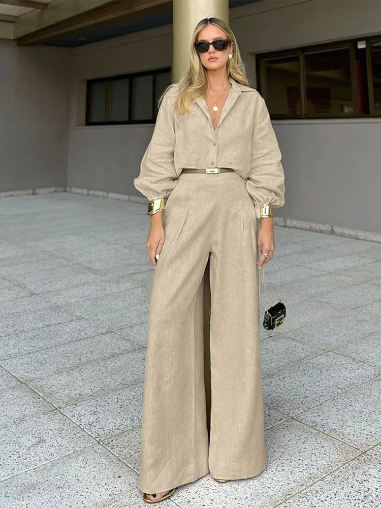 Women Casual Cotton Linen Lapel Shirt Tops Set Elegant Single Breasted High Waist Straight Pants Suits Lady 2025 Streetwear 250107