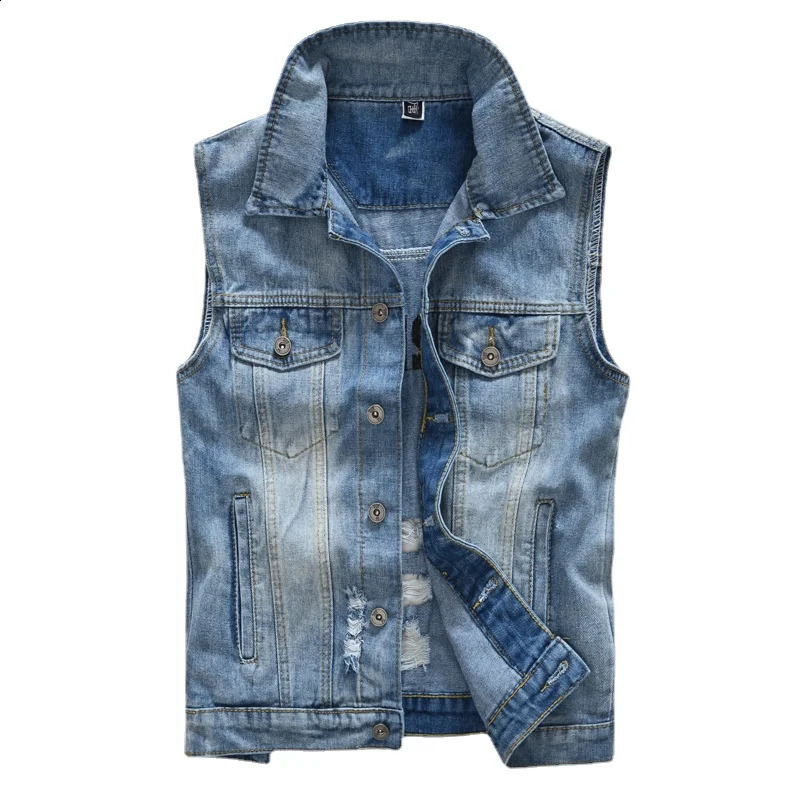 Men Ripped Denim Waistcoats Vests Jackets Light Blue Holes Denim Coats Vests Fashion Male Cotton Slim Jeans Waistcoats 5XL 250206