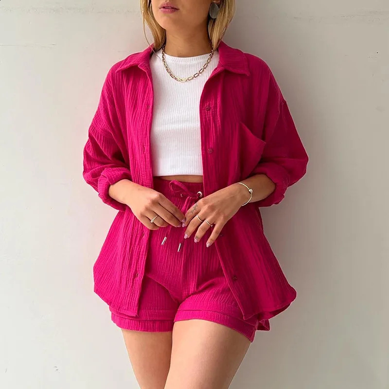 Short Sets Women Tracksuit Single Breasted Cardigan Blouses Two Pieces Shorts Loose Button High Street Solid Pockets Folds 250121