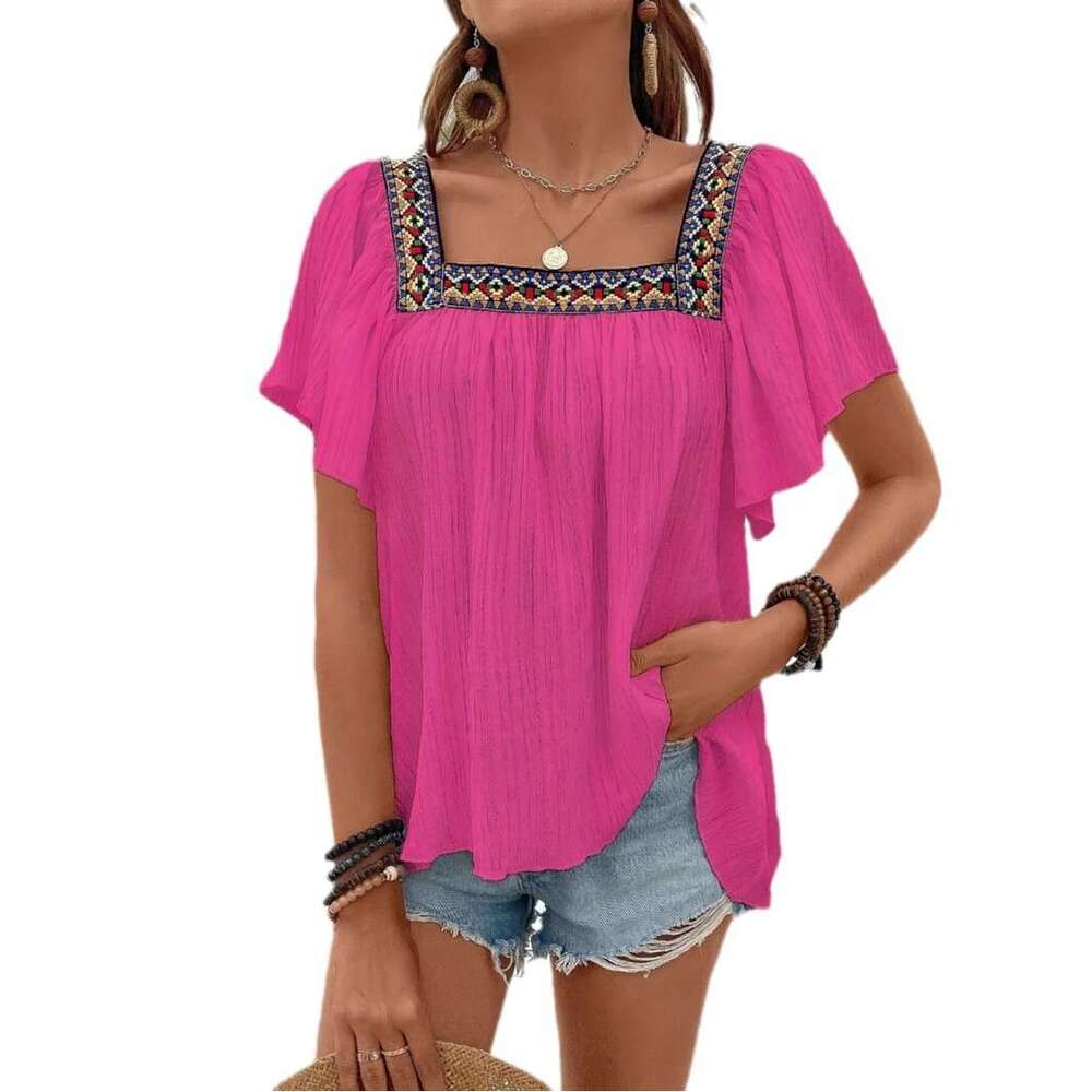 European American fashion hot summer item square collar embroidered irregular hem women's shirt 2025 new style chic and elegant clothing