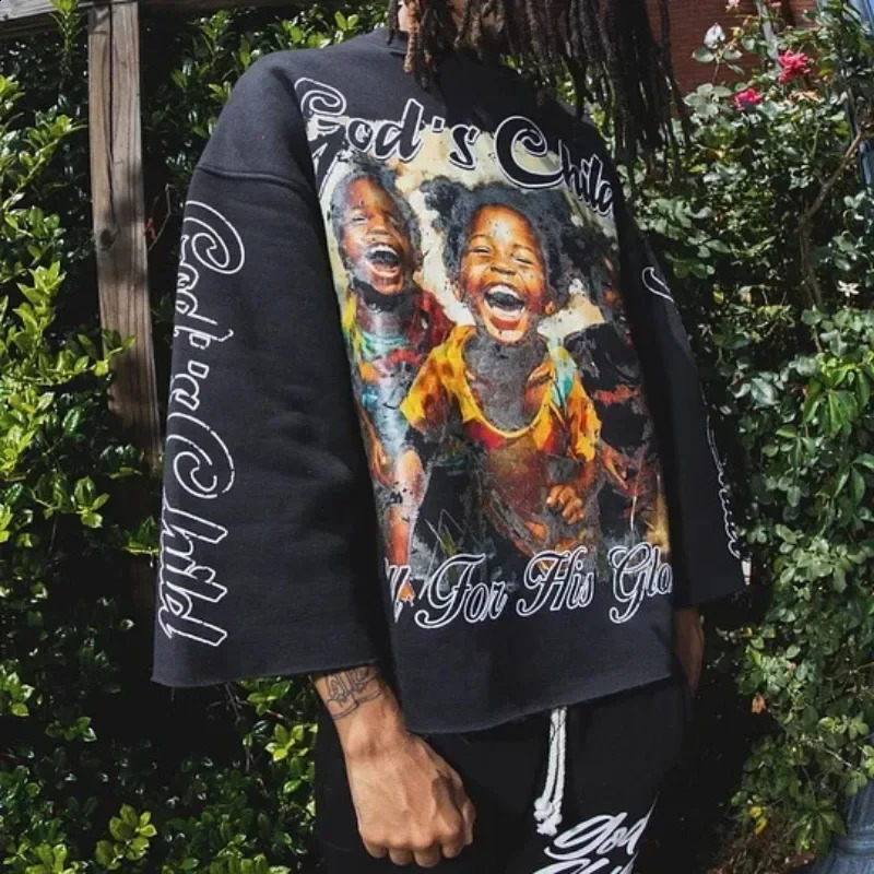 Gothic Round Neck Couple T-shirt Autumn American Style Children Pattern Printed Casual Top Y2k Seven Quarter Sleeve Pullover 250206