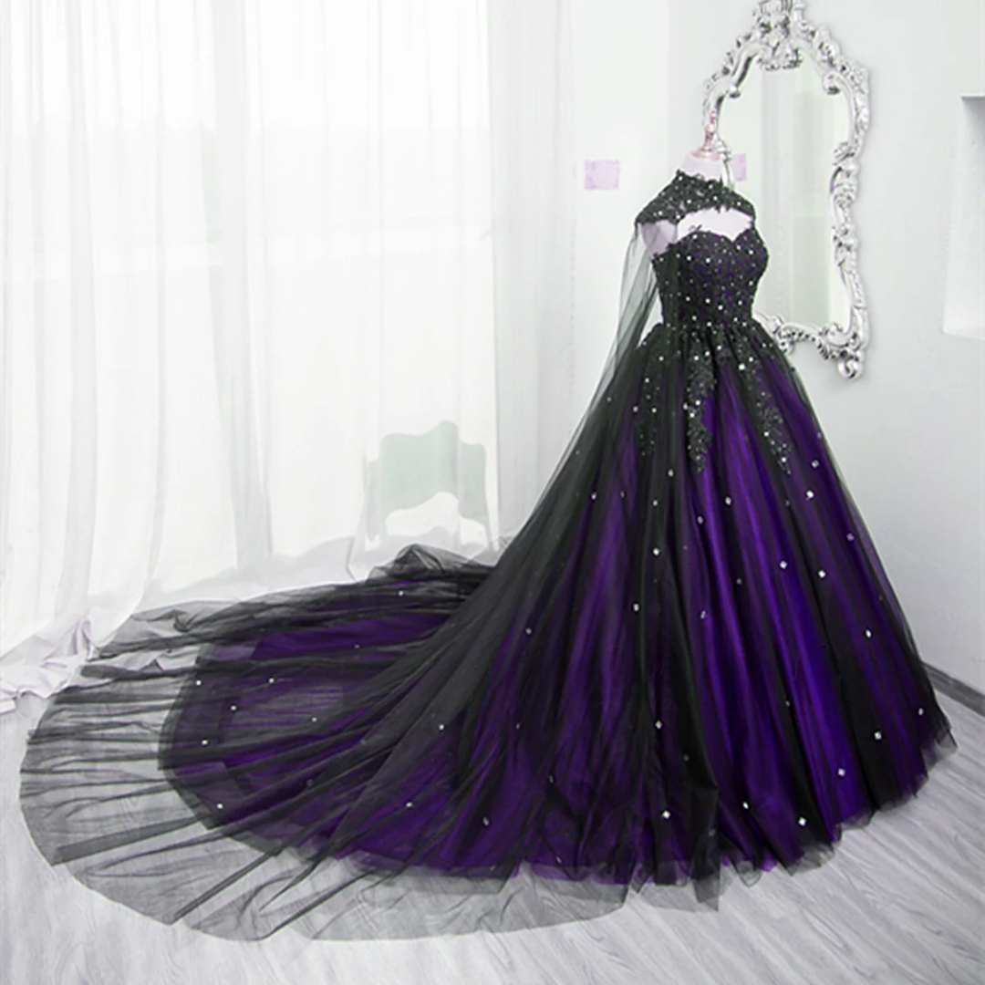 Purple And Black Gothic Wedding Dresses With Wrap Lace Appliques Beaded A-Line Long Vintage Bridal Gowns 2025 Vestido De Novia