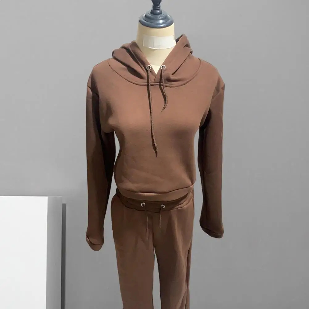 2 Pcs Women Fall Hoodie Pants Set Long Sleeve Thick Hooded Short Top Elastic Waist Loose Sweatpants Winter Tracksuit Pansuit 250122