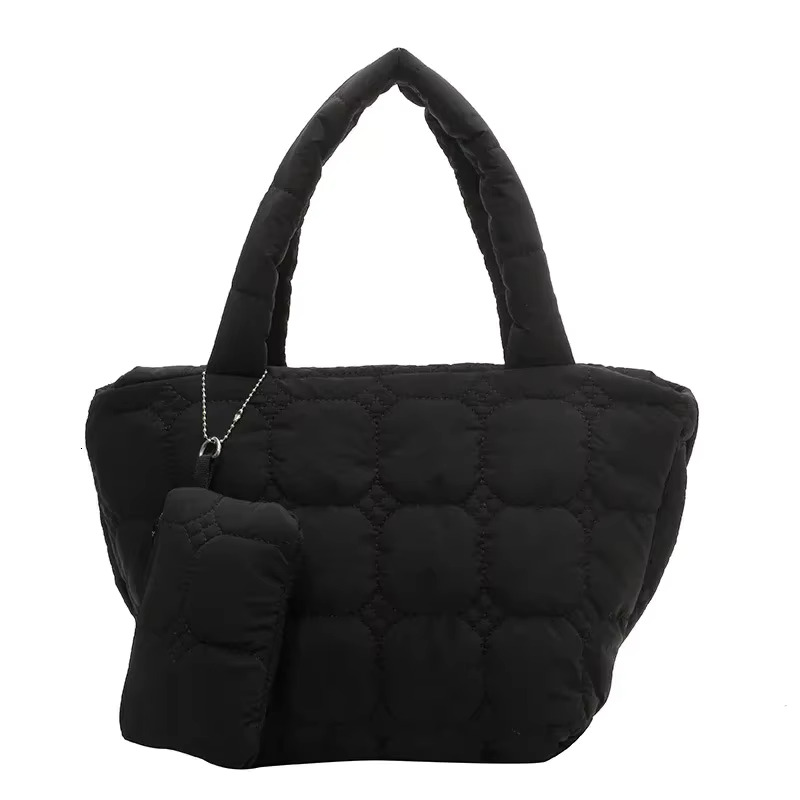 Fashion Quilted Embroidery Thread Handbag Lightweight Puffy Top-Handle Large Capacity Ladies Small Totes Bag With Mini Purse Cotton Fabric Cartoon