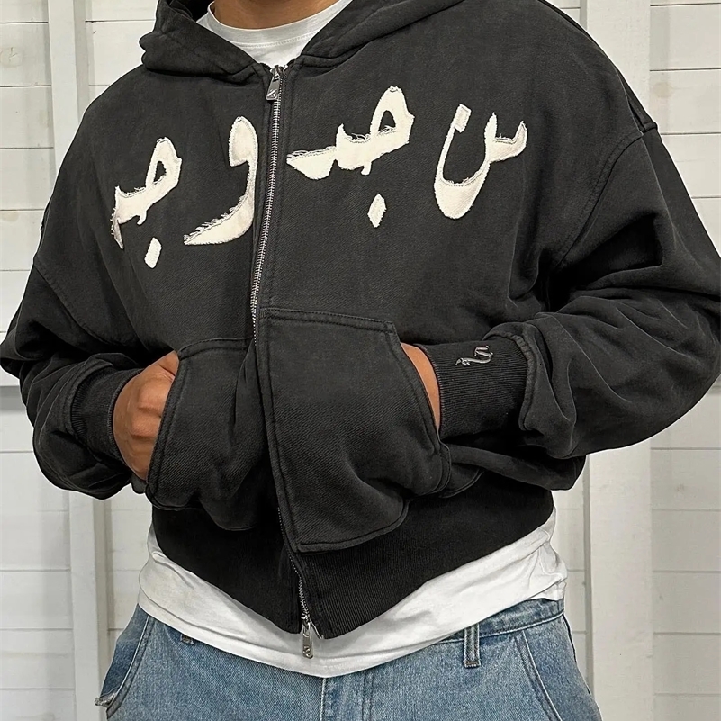 American Retro Personalized Patch Embroidery Oversize Double Zipper Hoodie Mens Y2K Harajuku Hip Hop Goth Casual Joker Top 250102