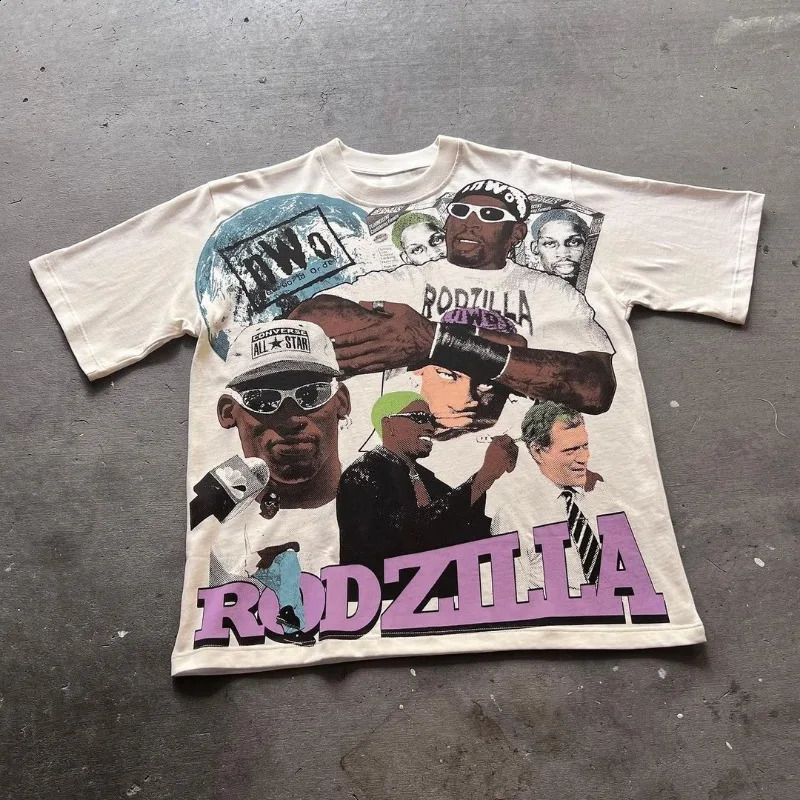 Y2k Streetwear Fashion Letter Portrait Print Oversized T-Shirt Mens Retro Trendy Gothic Loose Harajuku Short Sleeve Top Women 250206