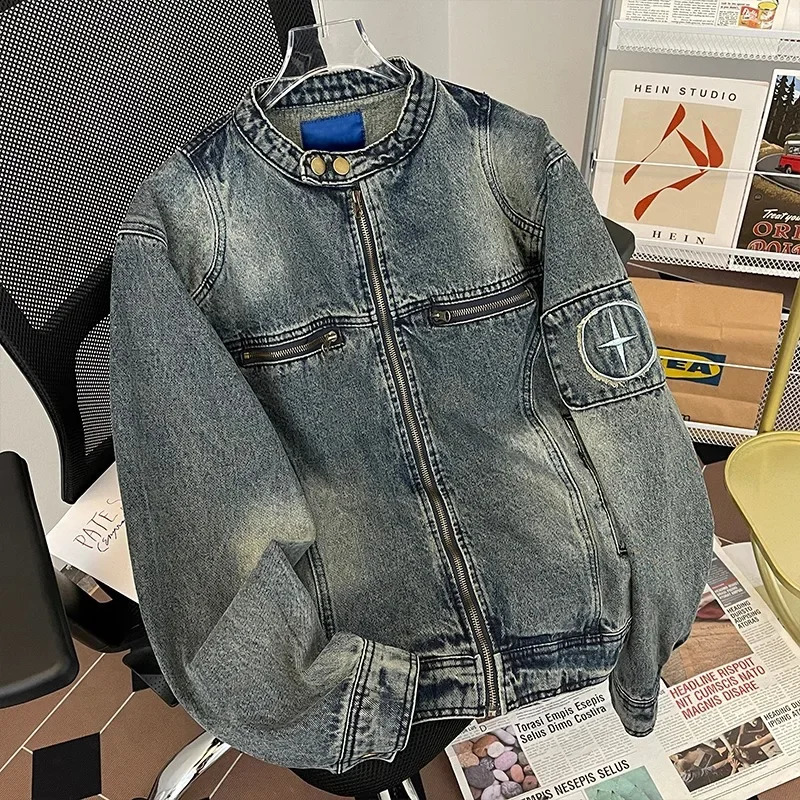 Vintage Embroidery Washed Denim Jacket For Men Loose Hip Hop High Street Retro Jean Jackets Cargo Coat Man Clothing Streetwear 250206