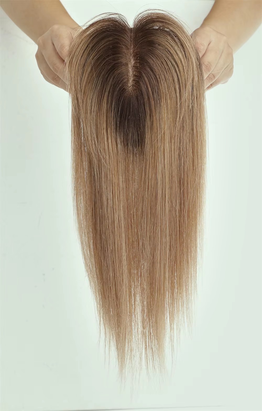Straight Remy Human Hair Toppers Hair Pieces For Women dark roots Light Brown Women Topper with Bang Silk Base Clip In Topper For Thinning Hair 3x5&qu