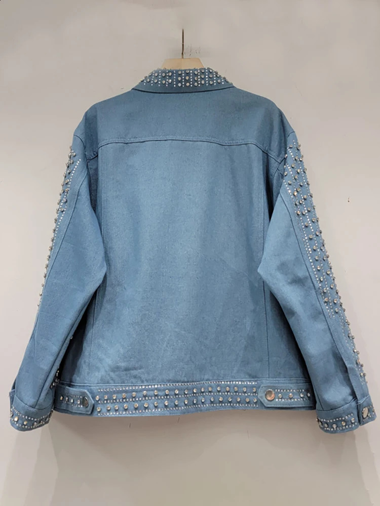 DEAT Womens Denim Coat Full Diamonds Rhinestone Single Breasted Long Sleeve Loose Blue Jackets 2025 Spring Fashion 29L2110 250116