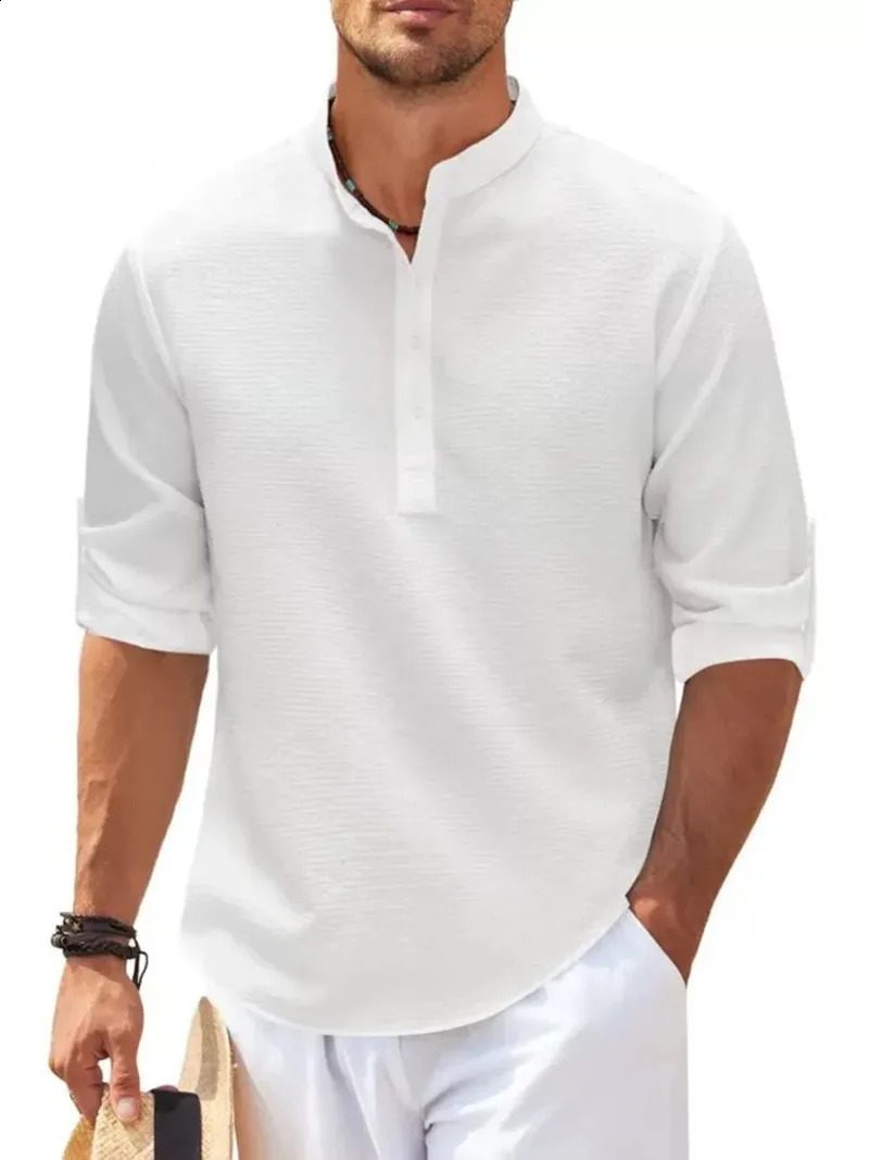 Cotton Linen Mens Long-Sleeved Shirts Spring Autumn Solid Color Stand-Up Collar Casual Beach Style Plus Size S-4XL 250116