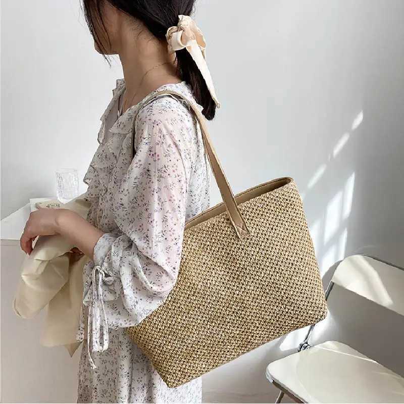 2023 Summer Beach Str Wens Bag Large Capacity Shopper Tote Wen Pure Color Shoder Makeup Bag Casual Fem Purse Handbag Y250205