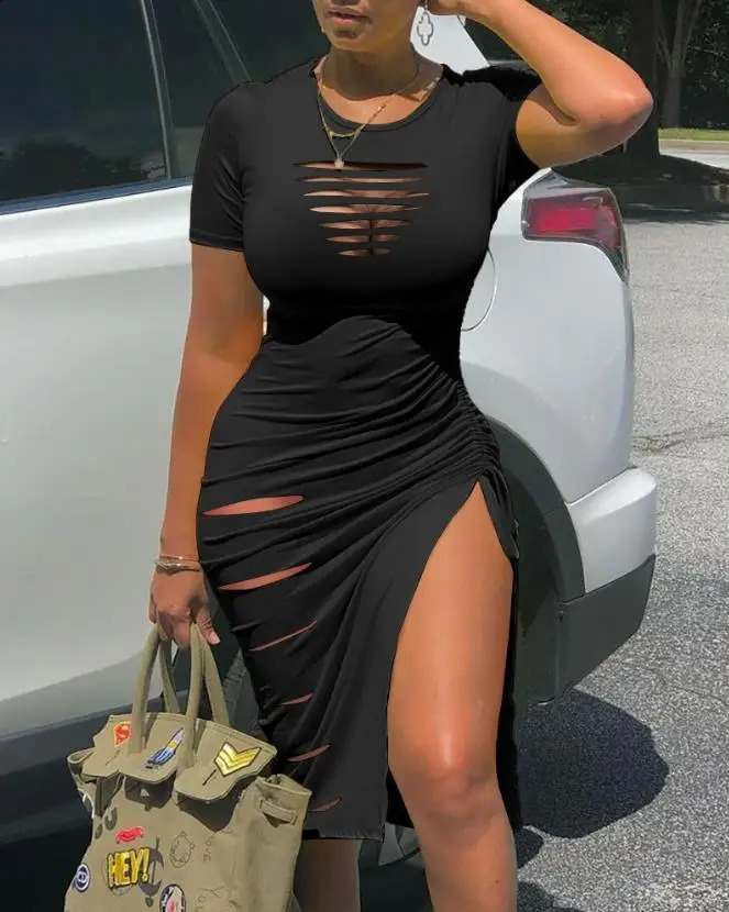 Sexy Summer Dresses for Women Short Sleeve O-Neck Candy Ladder Cutout Drawstring Ruched High Slit Hollow Out Skinny Dress 250206