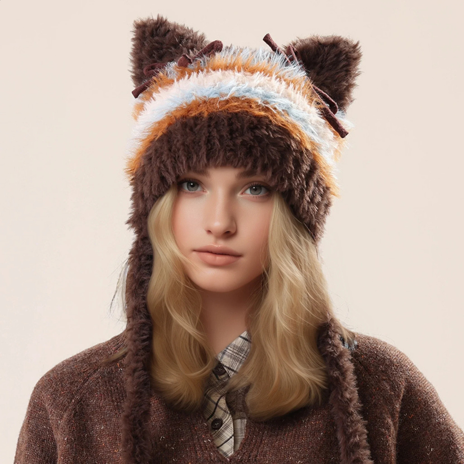 Bow Fashion Personalized Cat Ear Keep Warm Knitted Hat Multicolour Striped Plush Winter Hat Beanie Athleisur Bonnet Female 250120