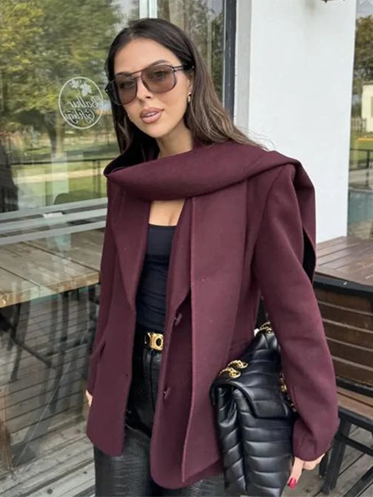 Wine Red Woolen Coat Women Fashion Lapel With Scarf Long Sleeve Female Coats 2024 Winter Singlebreasted Loose Lady Outwear 250109Z