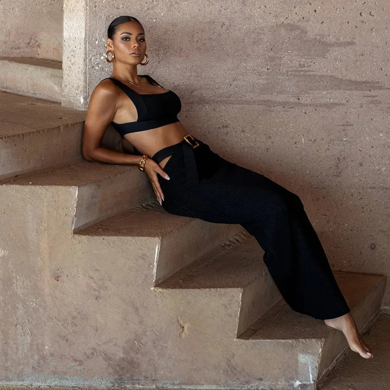 BWQ Knit Ribbed Women Cutout Waist Midi Maxi Long Skirt Suit and Tank Top Street Matching Two 2 Piece Dress Sets Outfit 250206