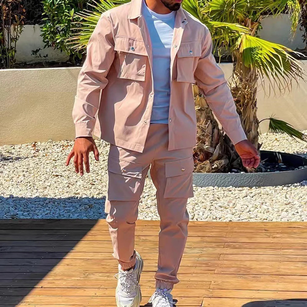 Fashionable Spring and Autumn Mens Button Long Sleeved JacketWorkwear Long Pants Set Casual Jogging Party Two-piece Set 250121