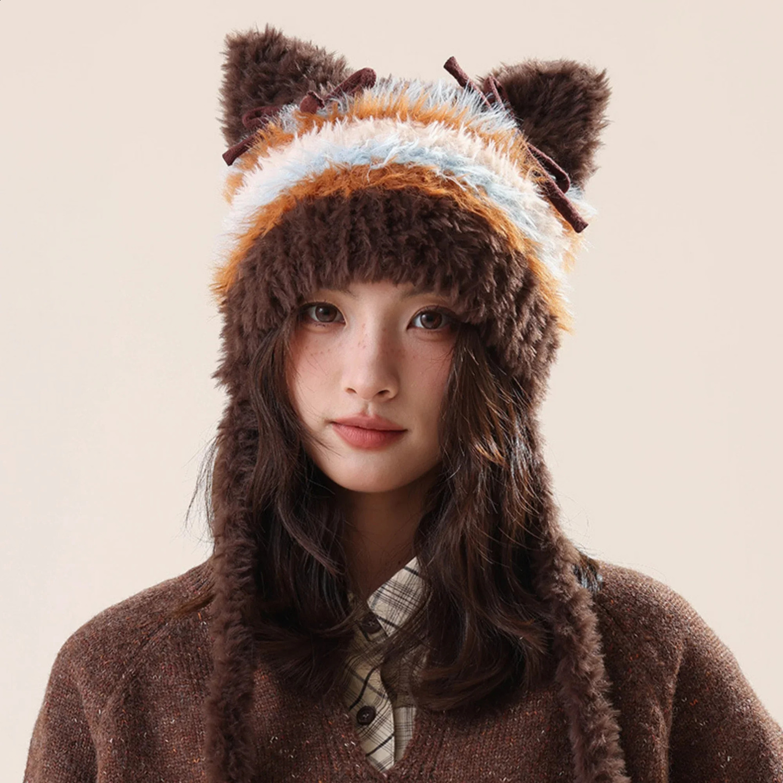 Bow Fashion Personalized Cat Ear Keep Warm Knitted Hat Multicolour Striped Plush Winter Hat Beanie Athleisur Bonnet Female 250120