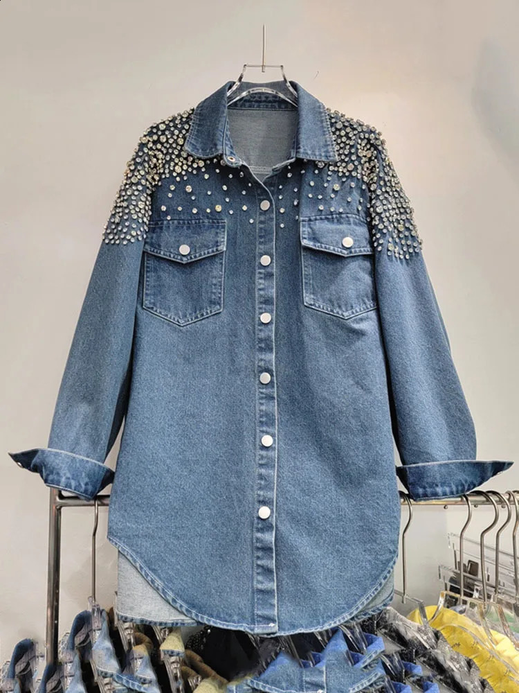 DEAT Fashion Diamonds Loose Denim Shirts Coat For Women Autumn Trendy Lapel Long Sleeve Pockets Jacket Females 29L7920 250122