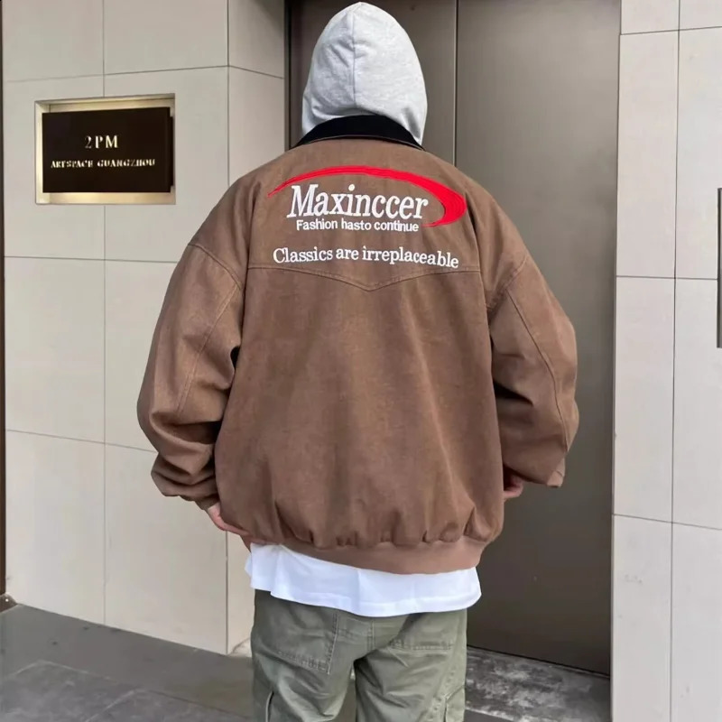Japanese Street Washed Denim Jacket Mens Retro Letter Embroidered Lapel Baseball Trendy Color Blocking Loose Cowboy Coats 250206