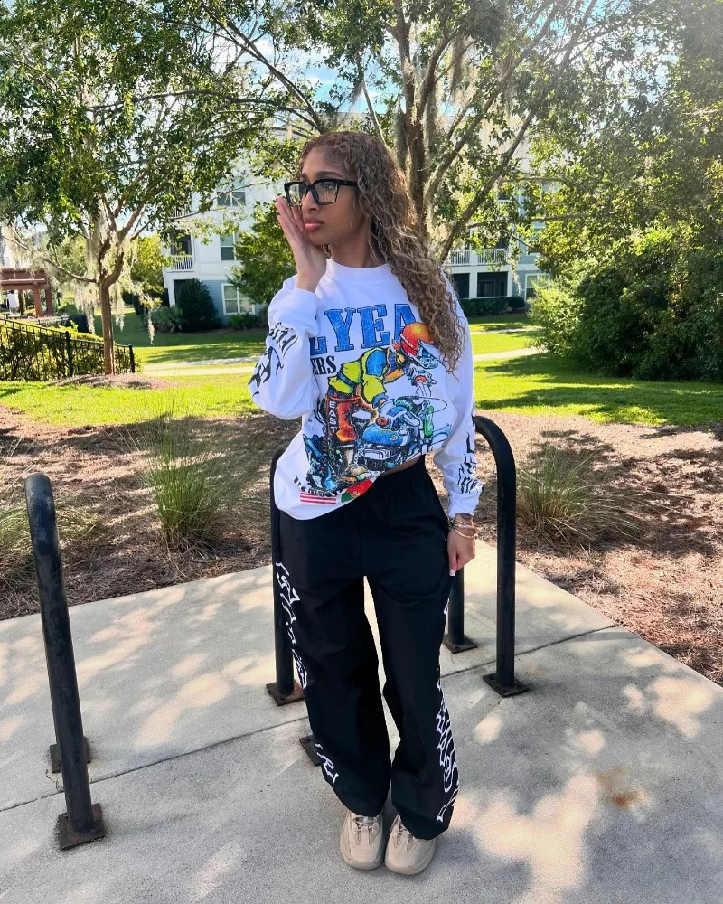 American fashion cartoon oversized T-shirt mens Y2K street hip-hop Harajuku versatile round neck long sleeved shirt 250206