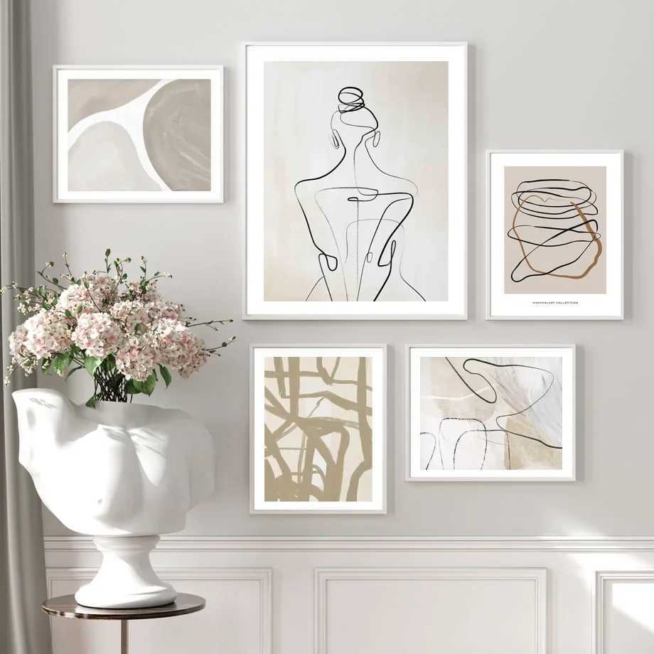 Surresm Abstract Lines Curve Woman Wall Art Canvas Painting Boho Geometry Posters And Prints Wall Pictures Living Room DecorC250102