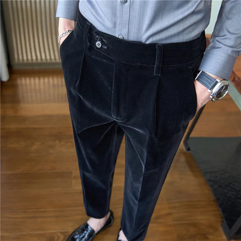 Dress Pants For Men Clothing Autumn Winter Thick Elegant Velvet Man Pants Stretchable Waist Naples Mens Formal Trousers Black 250122