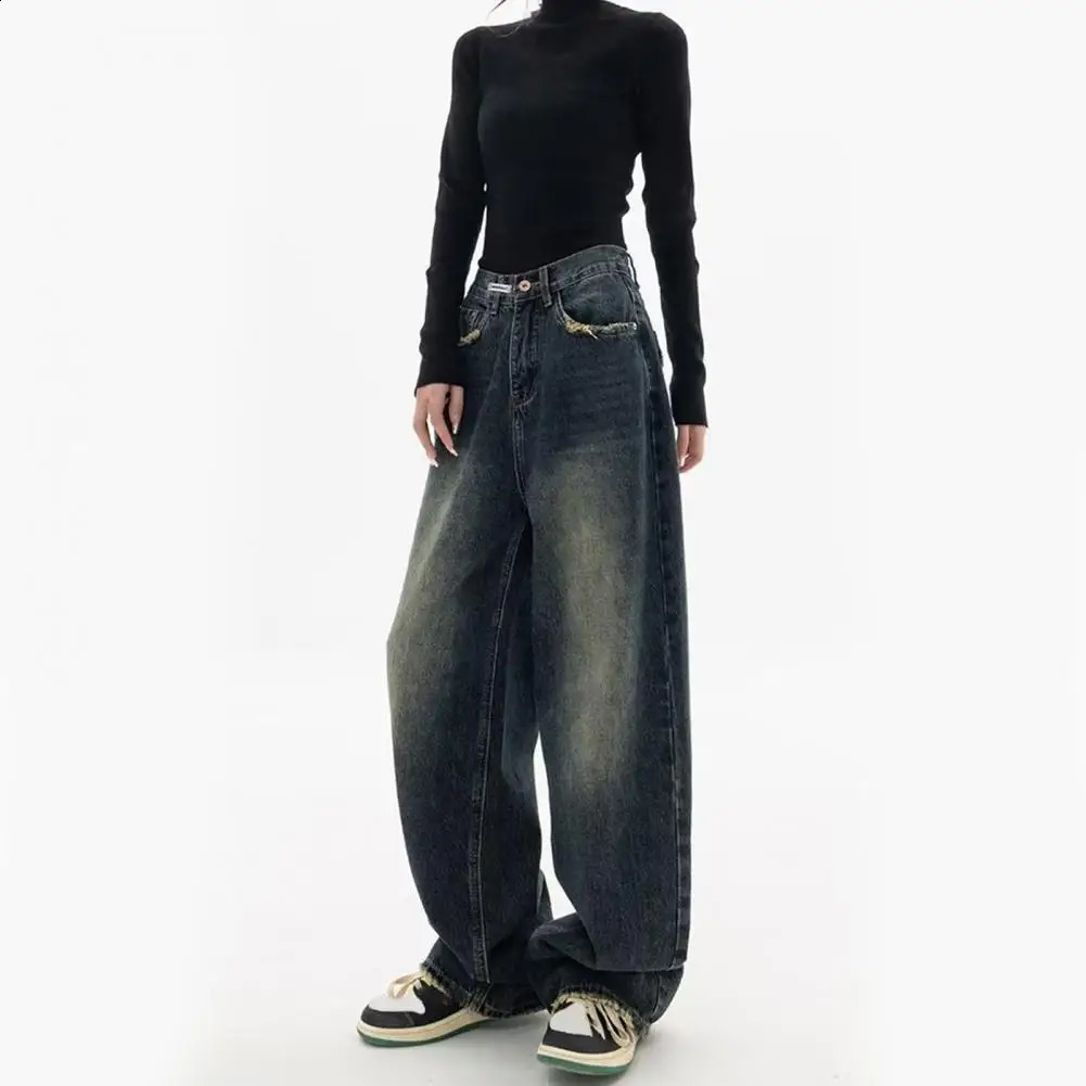 Loose Leg n Trousers Vintage High Waist Wide Denim Jeans with Deep Crotch Pockets Streetwear Fashion Button 250121