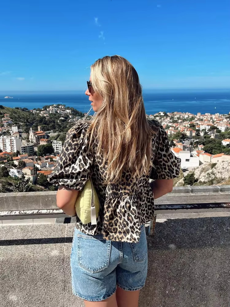 Vintage Women Spring Summer Leopard Print Lace Up Blouses Fashion Short Sleeve Single Breasted O Neck Tops 2025 Chic Streetwear