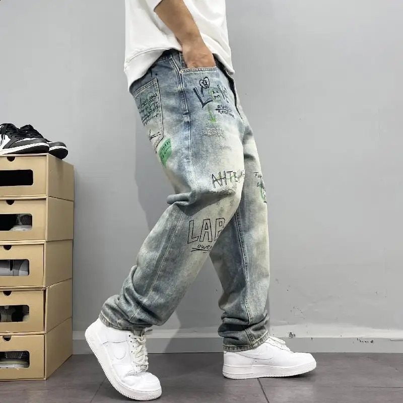 American Retro Street Style Personalized Printed Straight Leg Jeans for Men Loose Fitting Washed High Street Hip-hop Pants 250118