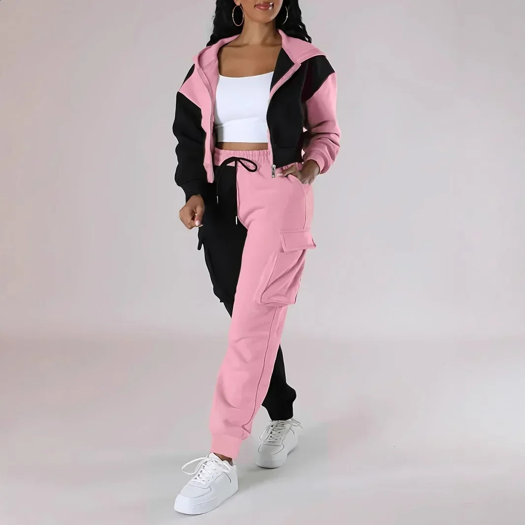 Women Loose Autumn Winter Two Pieces Suit Matching Sets Hoodie Tracksuit Blocked Zipper Short Outerwear Drawstring Cargo Pants 250121