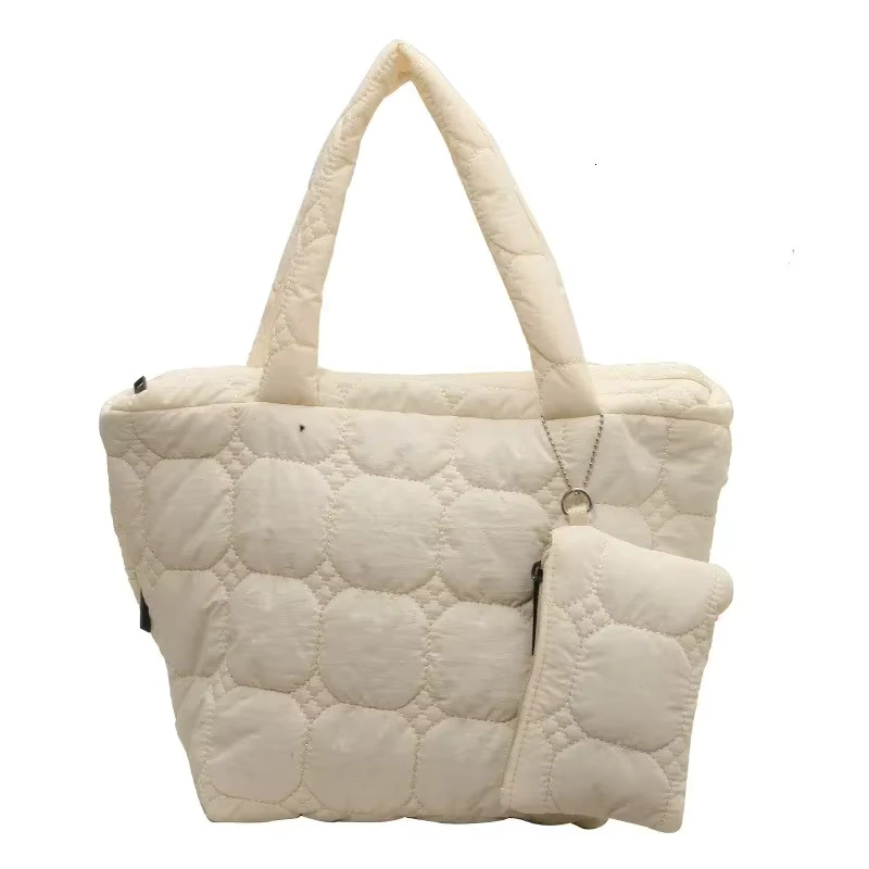Fashion Quilted Embroidery Thread Handbag Lightweight Puffy Top-Handle Large Capacity Ladies Small Totes Bag With Mini Purse Cotton Fabric Cartoon