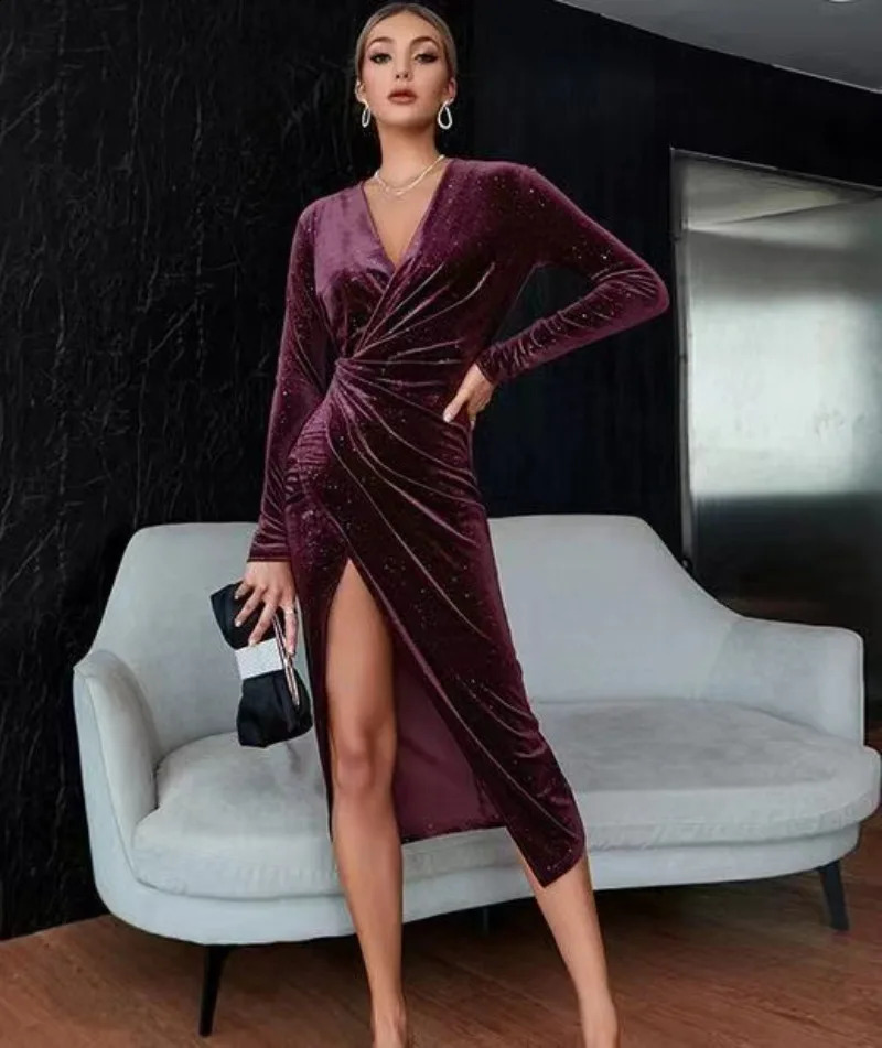 Evening Dress Women Sexy Bare Legs Long Sleeves Medium and Long Golden Velvet Nightclub Dresses 250206